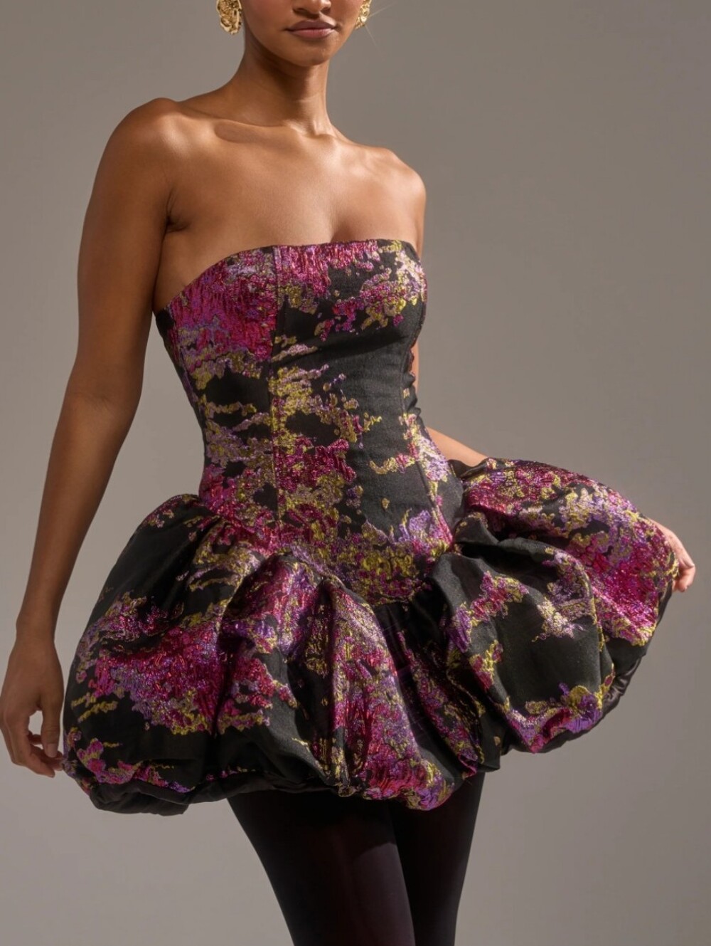 AKIRA Strapless Brocade Bubble Mini Dress in Black, Purple, Gold